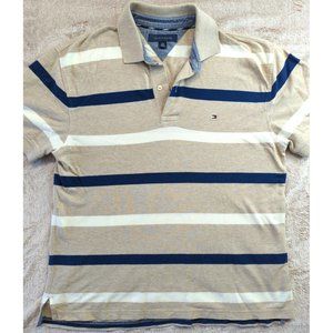Tommy Hilfiger Mens Striped Shirt Short Sleeve 2-Button Logo Tan Blue White Sz L